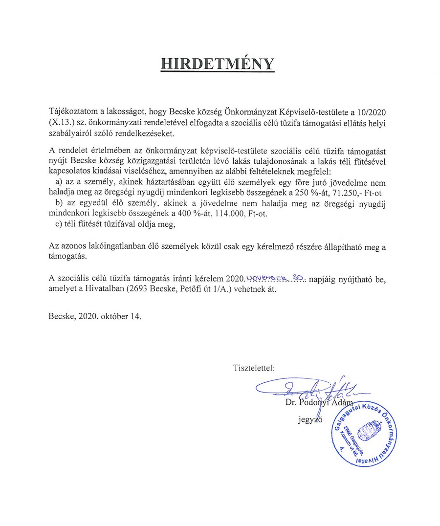becske hirek hirdetmeny szocialis tuzifa 20201014