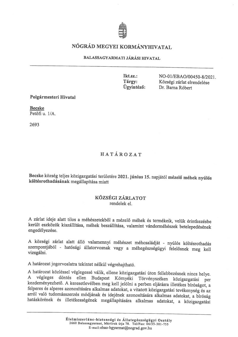becske hirek hatarozat kozsegi zarlat 20210615