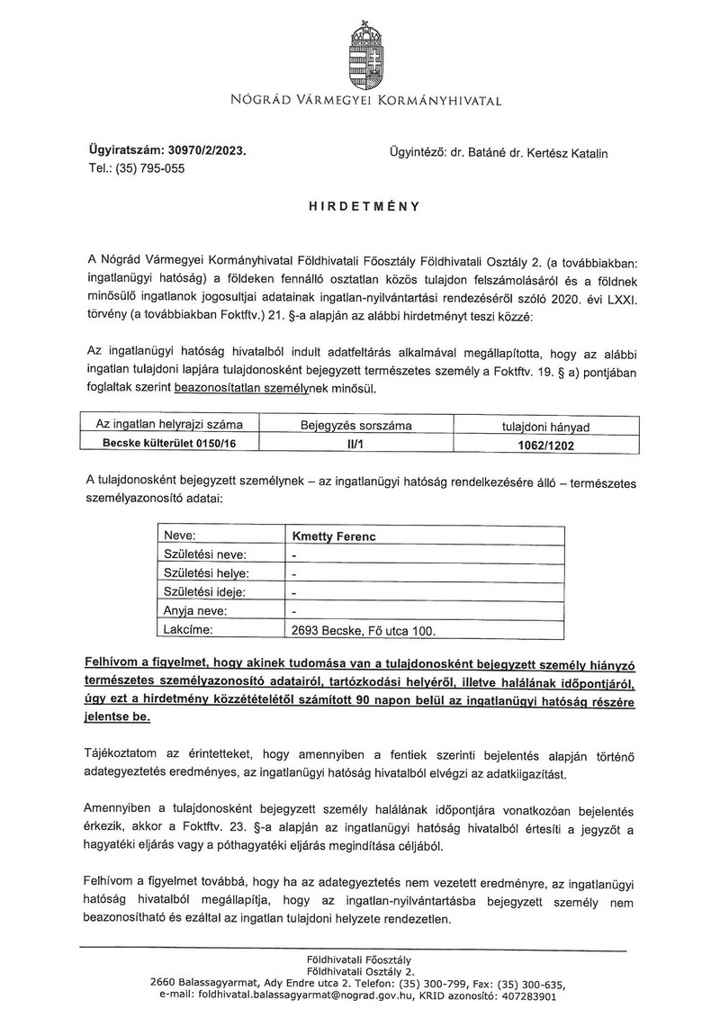 becske hirek hirdetmeny kozos tulajdon felosztasa 20230126