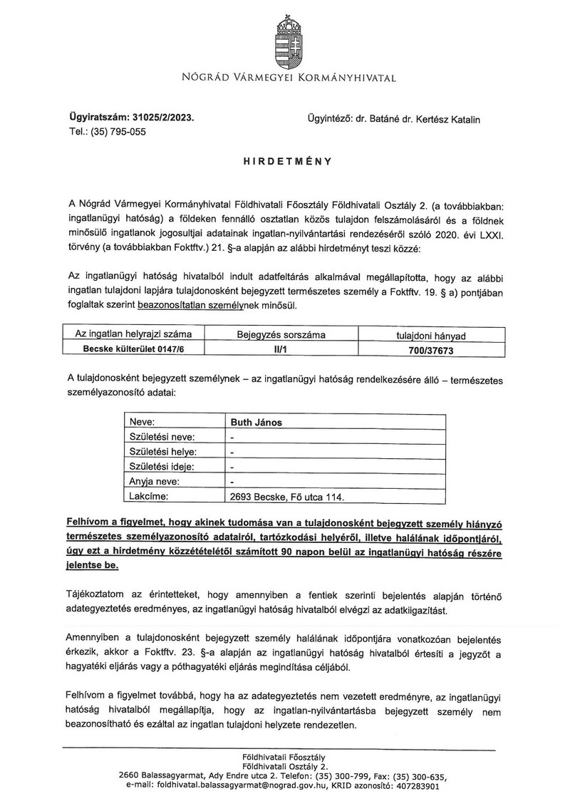 becske hirek hirdetmeny kozos tulajdon felosztasa buth janos 20230130