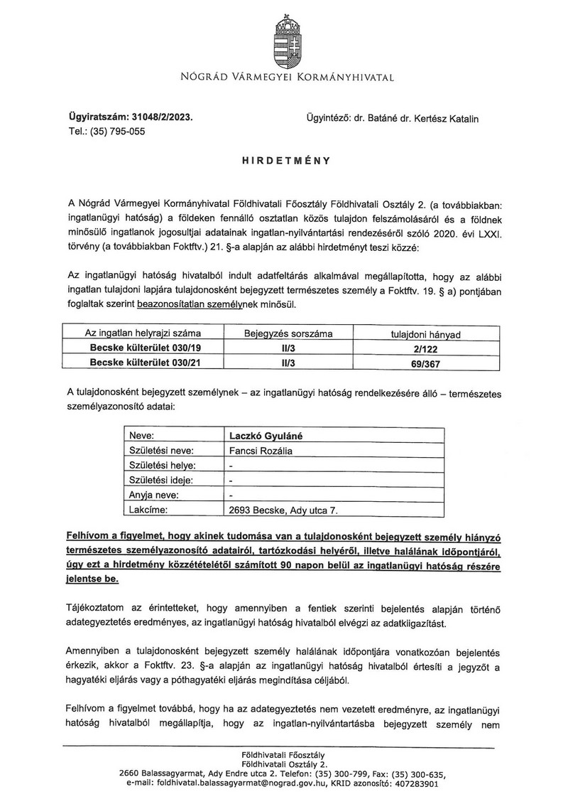 becske hirek hirdetmeny kozos tulajdon felosztasa laczko gyulane 20230130