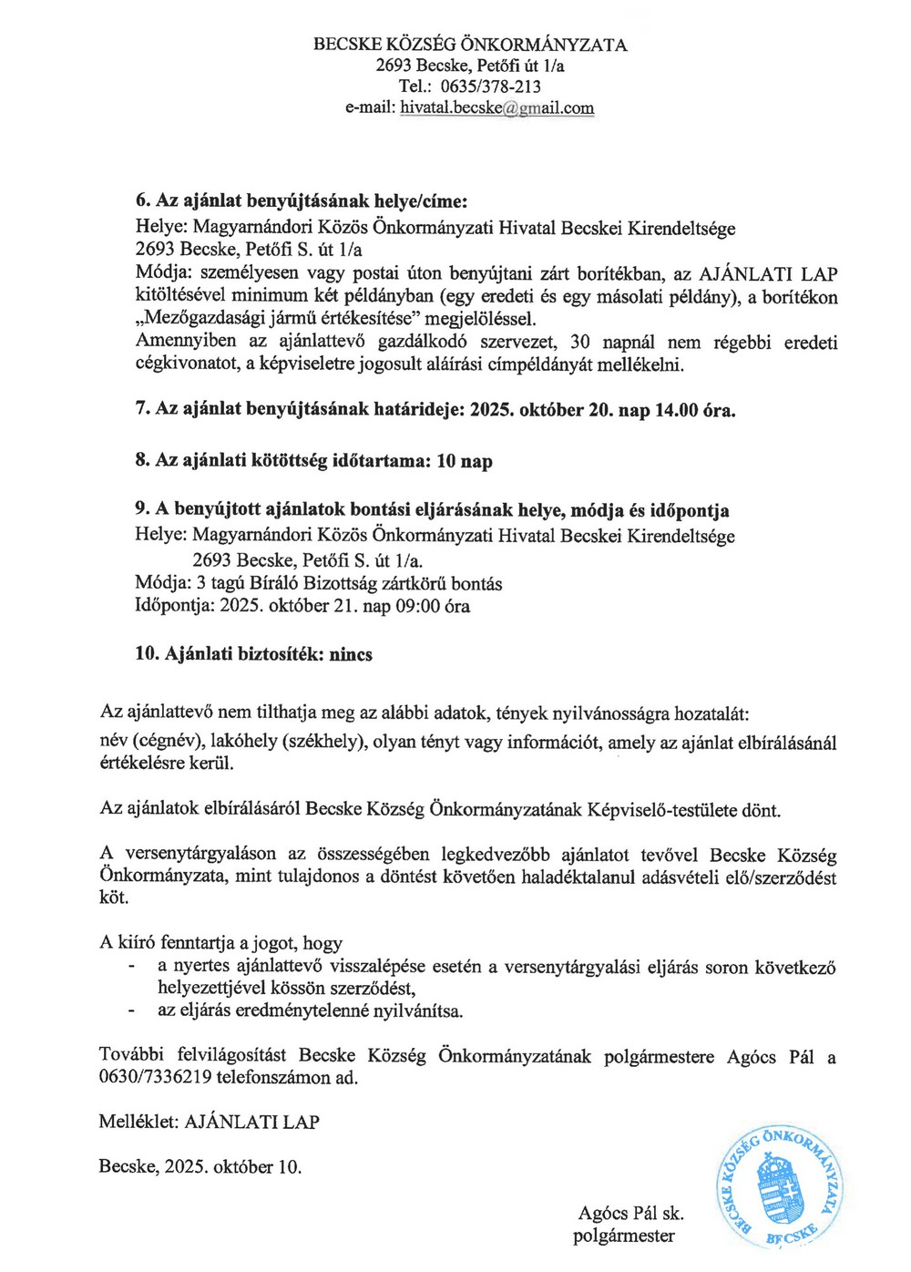 becske hirek versenytargyalasi felhivas 20251015 2